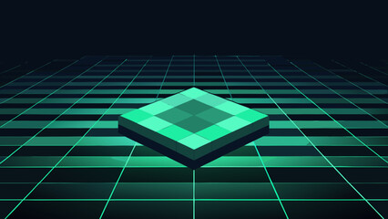 A 3D digital platform with emerald green lines on a grid