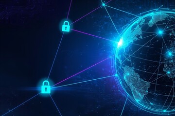 A digital illustration of a globe with locks and lines representing global security and network connections