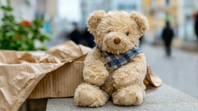 Adorable teddy bear with scarf in urban street setting with blurred pedestrians