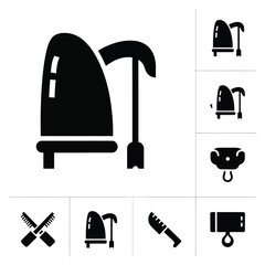 Professional electric kitchen kettle and modern culinary appliance icons set in solid black style