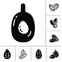 Organic nuts and healthy seeds snack product icons set in solid black style