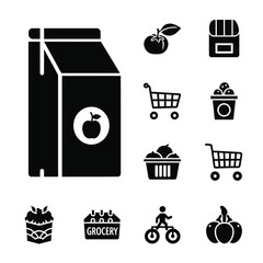 Professional grocery retail shopping and organic product packaging icons set in solid black style