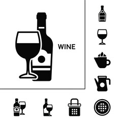 Professional wine bottle and luxury beverage dining glass icons set in solid black style