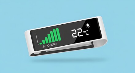 A white smart air quality monitor displaying good air quality and temperature on a blue background.