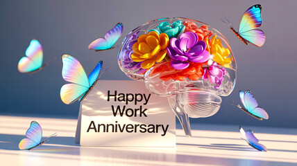 mental health happy work anniversary card with glass brain and vibrant flowers