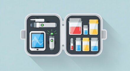 Flat design illustration of a portable medical diagnostic kit with devices and sample containers for health monitoring and testing.