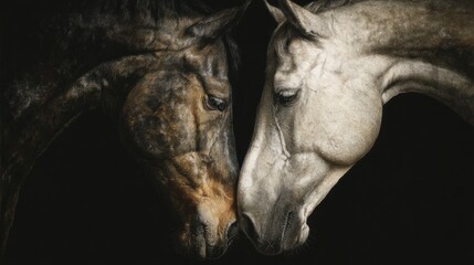 Two horses with different colors touch noses in a dark setting while standing close together at night