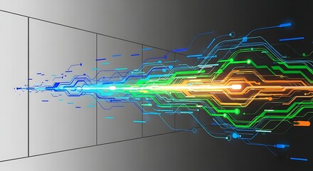 Abstract digital data flow with glowing circuit lines and futuristic technology concept.