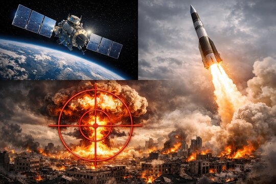 A satellite launches a missile aimed at a city for war, amid international conflict and military activity, while the army targets an atomic or nuclear bomb and rocket in a country as a warzone