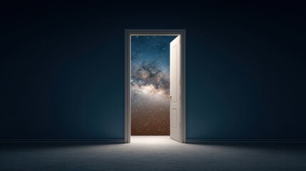 Dramatic Doorway Opening into Cosmic Realms with Beautiful Light Display and Starry Sky Background