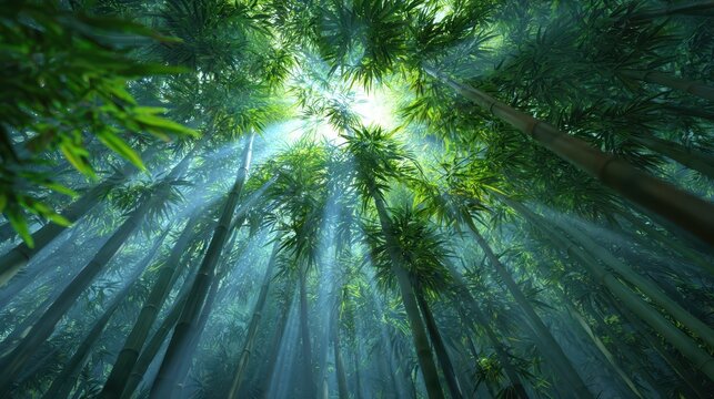 Sunlight shines through tall bamboo trees in a forest during daylight hours - Powered by Adobe