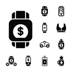 Fintech mobile payment and digital wallet icons set in solid black style