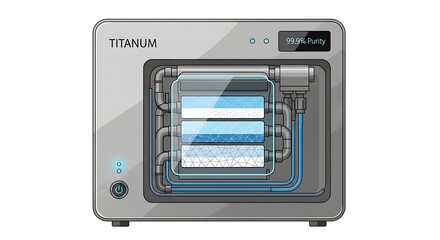 Obraz premium A modern grey water purification system with visible internal filters and a digital purity display, labeled TITANUM.