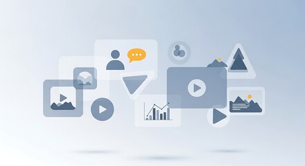 Abstract illustration of various digital media icons and content elements floating in a light blue space, representing multimedia communication and data.