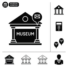 Professional museum building and modern cultural heritage gallery icons set in solid black style