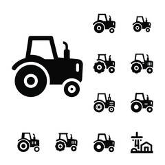 Professional agricultural tractor and modern farm machinery equipment icons set in solid black style