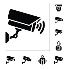 Professional security surveillance camera and modern digital monitoring icons set in solid black style