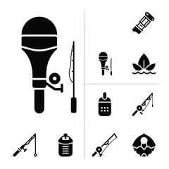 Professional fishing equipment and modern aquatic hobby sports icons set in solid black style
