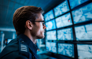 Addetto alla sorveglianza controlla i monitor, concetto di sicurezza