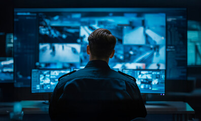 Addetto alla sorveglianza controlla i monitor, concetto di sicurezza