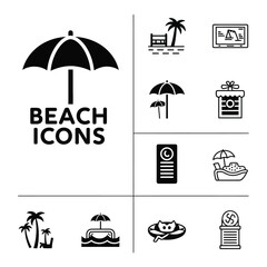 Professional tropical beach vacation and summer travel leisure icons set in solid black style