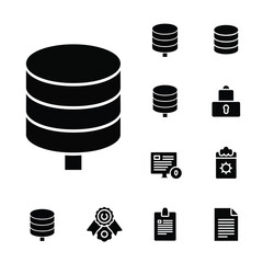 Database storage and secure data management icons set in solid black style