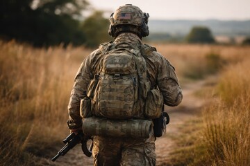 A soldier wearing a backpack stands in the field, ready for his mission, seen from behind