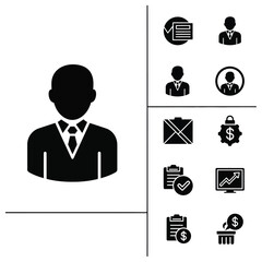 Business executive and corporate financial management icons set in solid black style