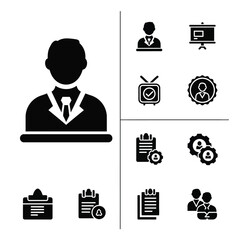 Human Resources and Professional Management Solid Icon Set. Solid black icons for corporate recruitment, executive profiles, career development, and administrative workflows. Ideal for HR dashboards, 