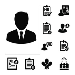Human Resources and Recruitment Solid Icon Set. Solid black icons for candidate screening, HR management, employee selection, and corporate communication. Ideal for hiring platforms, talent acquisitio