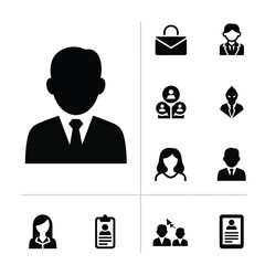 Human Resources and Professional Recruitment Solid Icon Set. Solid black icons for candidate screening, employee profiles, talent acquisition, and corporate hiring processes. Ideal for job boards, HR 