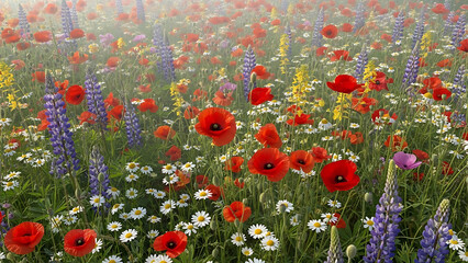 Vibrant colorful wildflowers with red poppies, purple lupines, and white daisies in a lush green meadow with soft natural lighting