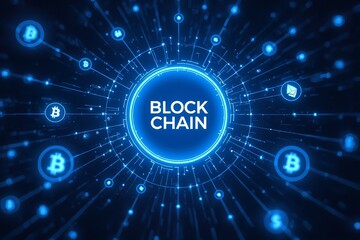 A futuristic blockchain network with cryptocurrency symbols and glowing blue lines on a dark background