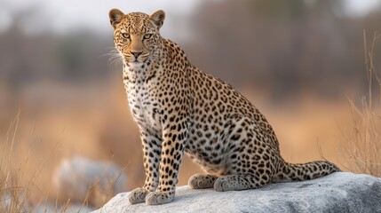 Fototapeta premium Majestic Leopard Perched on Rock in Savanna, Commanding Presence Against a Backdrop of Golden Grassland and Blurred Nature