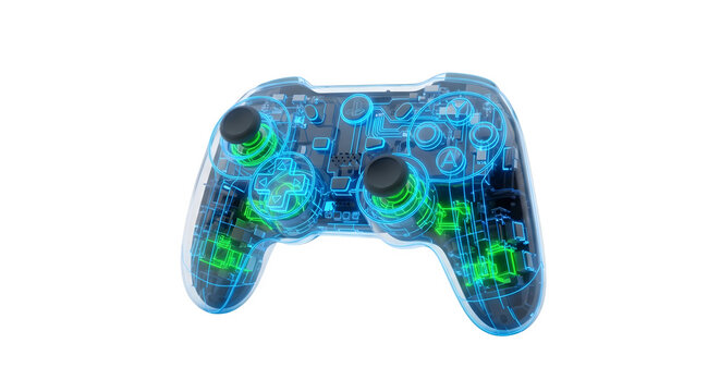 Glowing blue video game controller isolated on transparent background - Powered by Adobe