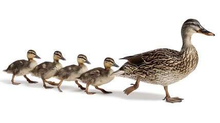 A family of ducks walking in a line isolated on the white background 