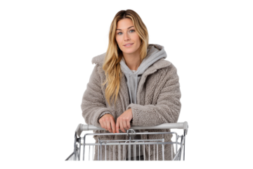 Female shopper standing with grocery cart on transparent background