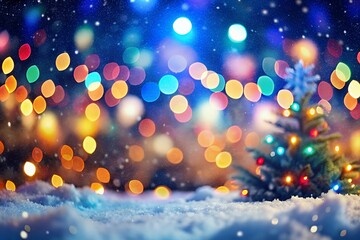 Magical Christmas scene with colorful lights on snowy pine tree