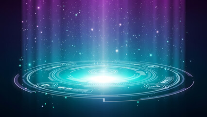 A vibrant digital illustration of a glowing blue and purple portal