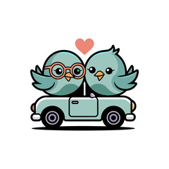 A funny cartoon car with a heart driving happily on a sunny road