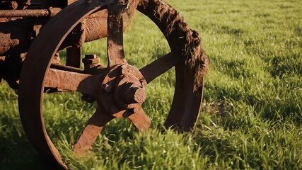 CloseUp of a Rusty Antique Farm Equipment Wheel in a Field of Green Grass A Vintage Agricultural Relic Symbolizing Rural Heritage and the Passage of Time.