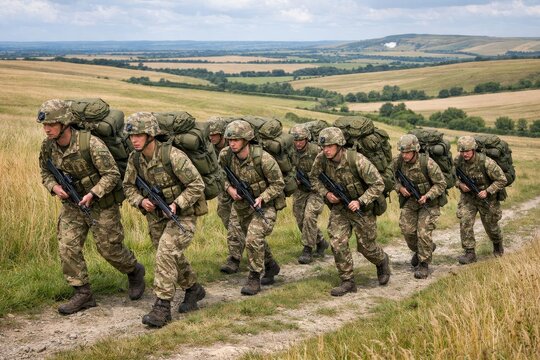 Eight British army soldiers, both male and female, are towing 25‑kg bergens across the open countryside of Wiltshire, UK
