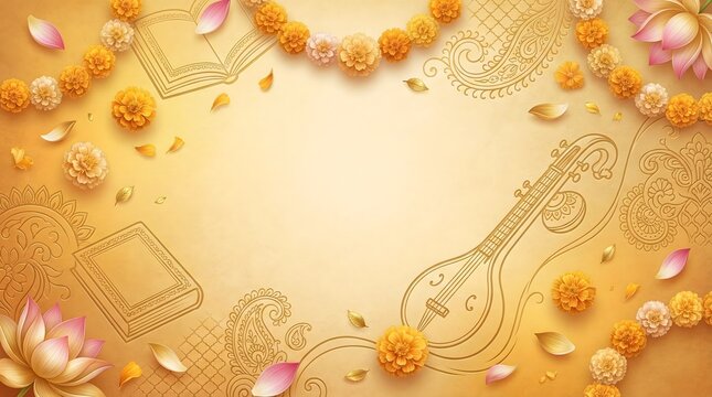 Happy Vasant Panchami Festival Greeting social media poster with Goddess Saraswati and Veena