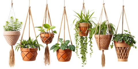 Hanging plants in woven baskets on white ropes isolated on a transparent background green leaves
