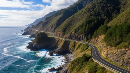 Aerial view of a winding road along a rugged coastline with lush green hills and blue ocean waves on a partly cloudy day.