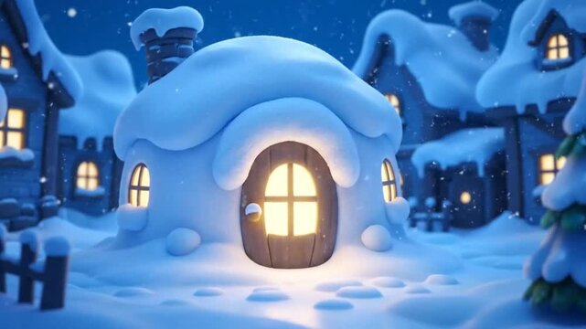 Enchanting Winter Wonderland Village with Glowing Igloo and Snow-Covered Houses at Night.