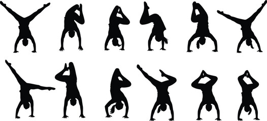 Fototapeta premium Breakdance dancer silhouettes set with acrobatic street moves isolated on white background, hip hop urban culture action black vector illustration collection