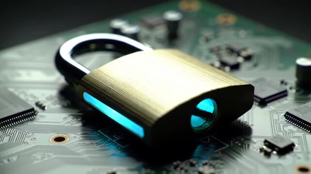 A shiny gold padlock with a glowing blue light sits on a circuit board, surrounded by various microchips and electronic components