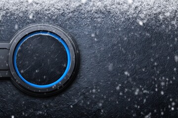 Cyberpunk Button in Winter: A close-up shot captures a sleek, high-tech button, glowing with a futuristic blue light, set against a backdrop of a cold, snowy cyberpunk aesthetic.