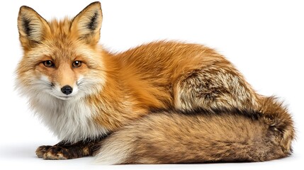 A fox sitting alert with bushy tail isolated on the white background 